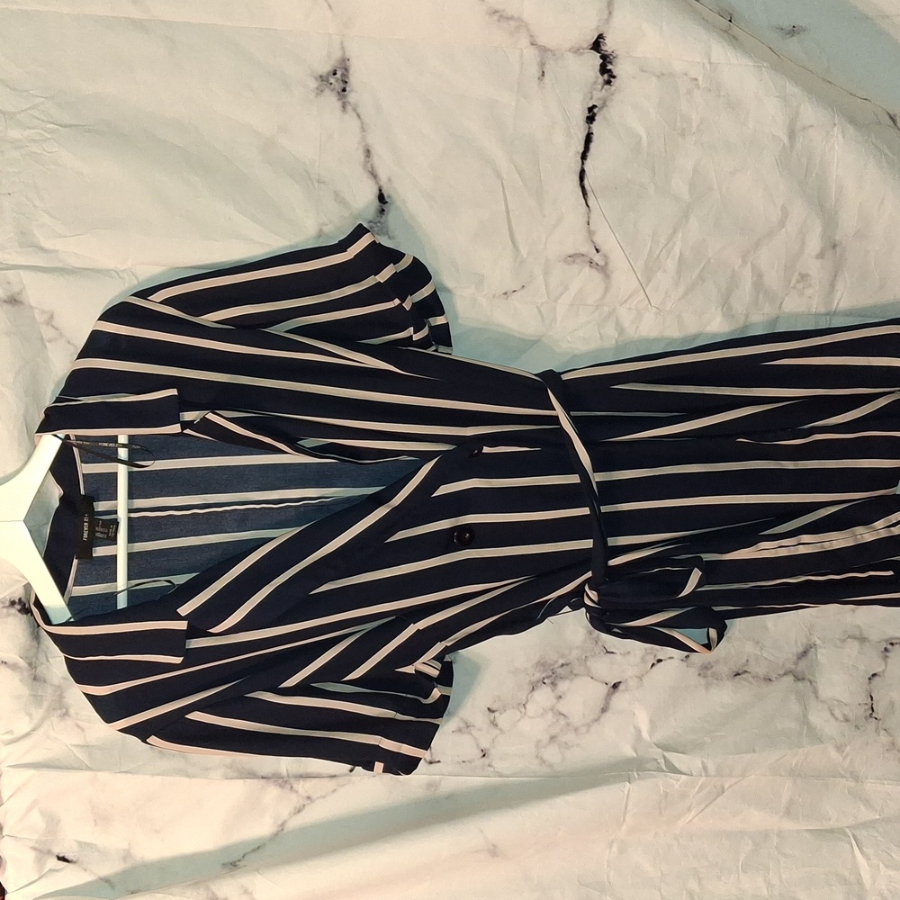 Forever 21 Navy and White Striped Midi Wrap Dress